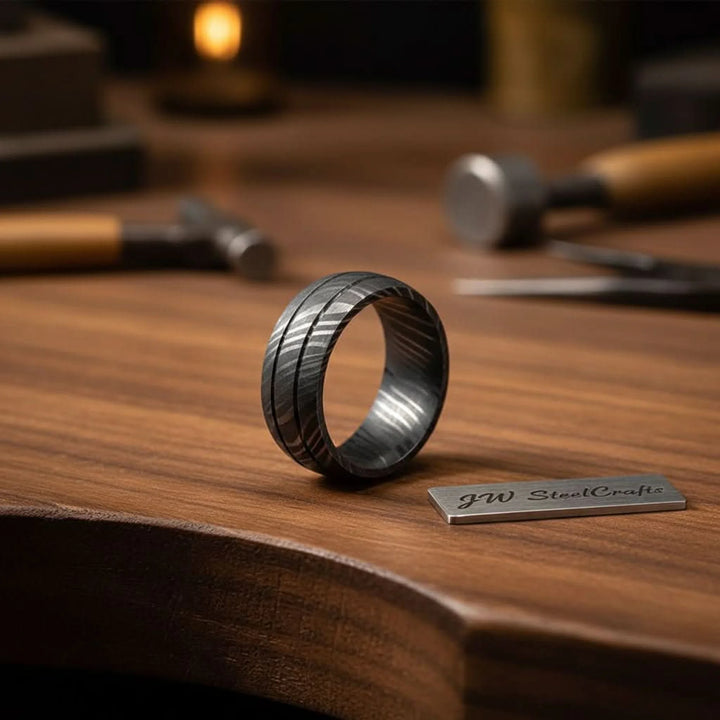 Black Damascus Double Groove Band with Etched Finish