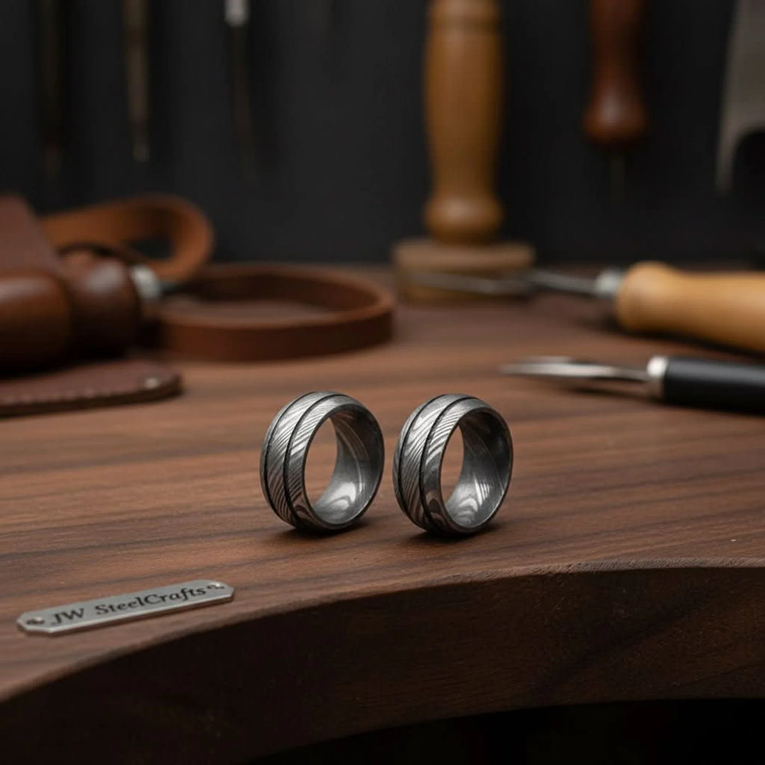 Damascus Grooved Band set with Twisted Pattern for Couples