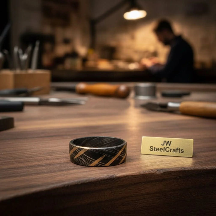 Black Damascus Gold Stripe Ring with Diagonal Multi-Stripe Inlay