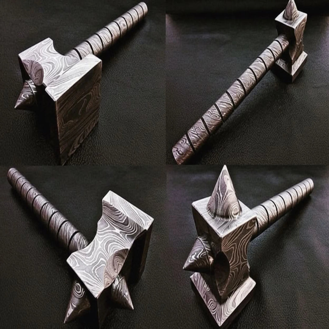 Darkforge Titan Hammer 8" Handmade Full Damascus Steel Collectible with Dual Spikes