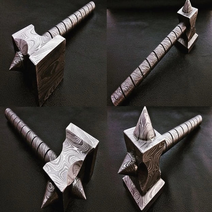 Darkforge Titan Hammer 8" Handmade Full Damascus Steel Collectible with Dual Spikes