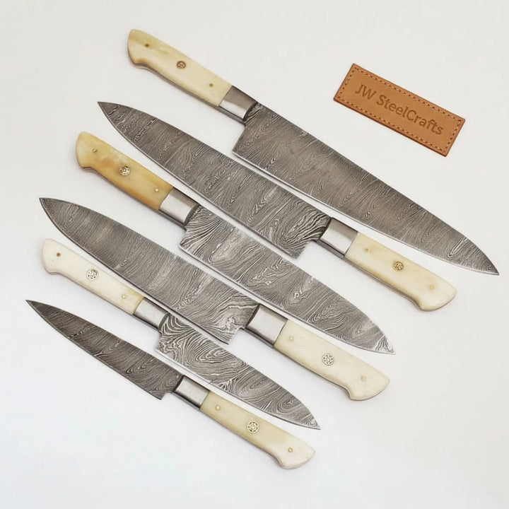 6-Piece Damascus Kitchen Knife Set – Gyuto, Santoku, Nakiri, Boning, Utility &amp; Paring | Natural Bone Handle | Leather Roll