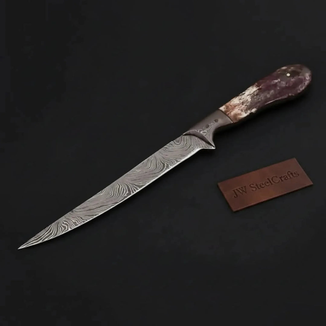 Custom Handmade Damascus Steel Boning Knife With Colour Bone Handle  with Leather Sheath