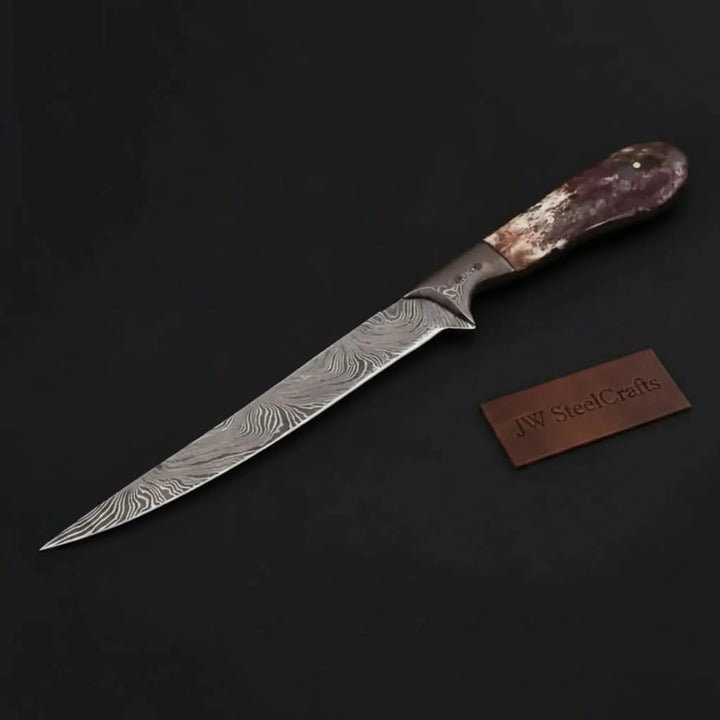 Custom Handmade Damascus Steel Boning Knife With Colour Bone Handle  with Leather Sheath