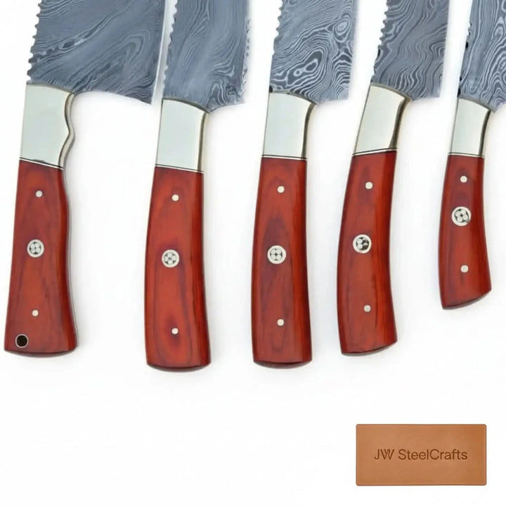 5-Piece Damascus Kitchen Knife Set — Butcher, Bread, Chef, Utility &amp; Paring with Reddish Hardwood Handles