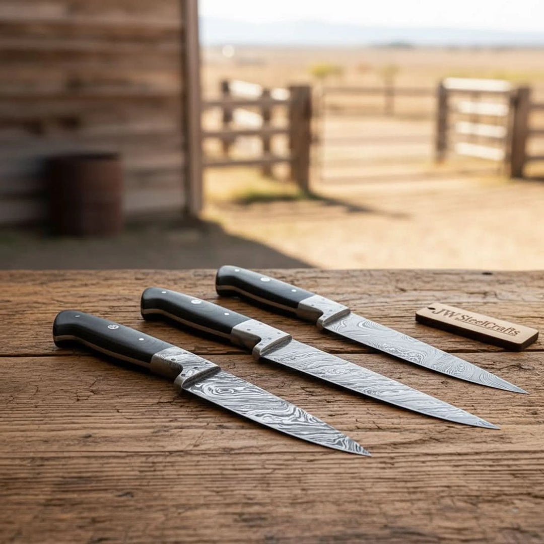 3-Piece Damascus Chef Knife Set Black Micarta with Full Tang Blades