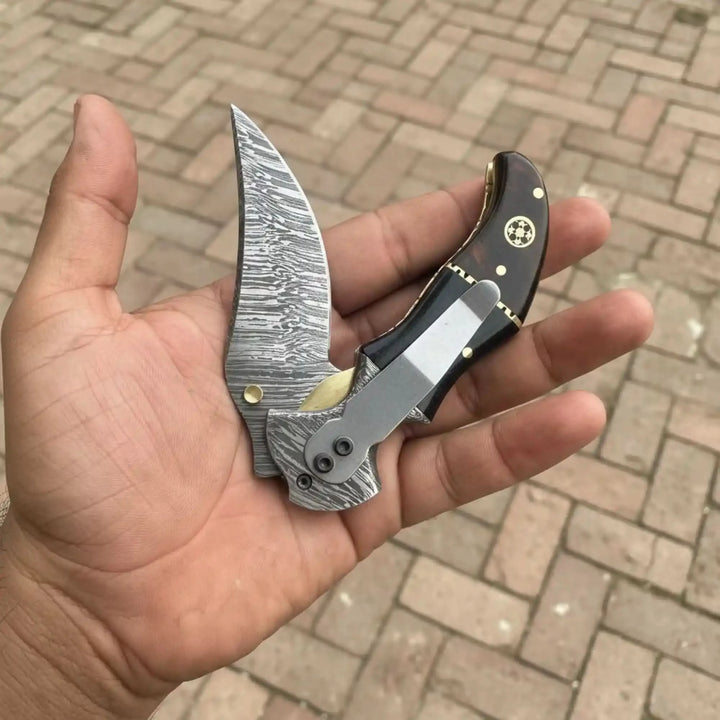 Damascus Recurve Folding Pocket Knife — Liner Lock, Black Resin &amp; Wood Handle, Brass Spacer &amp; Pocket Clip