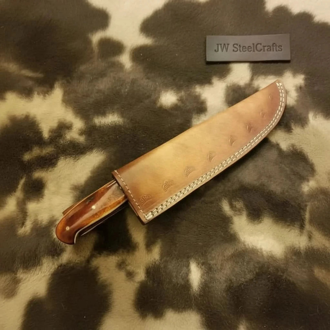 14-Inch Handmade Damascus Chef Knife – Brown Handle &amp; Brass Bolster | Layered Damascus Blade | Hand-Stitched Leather Sheath Included