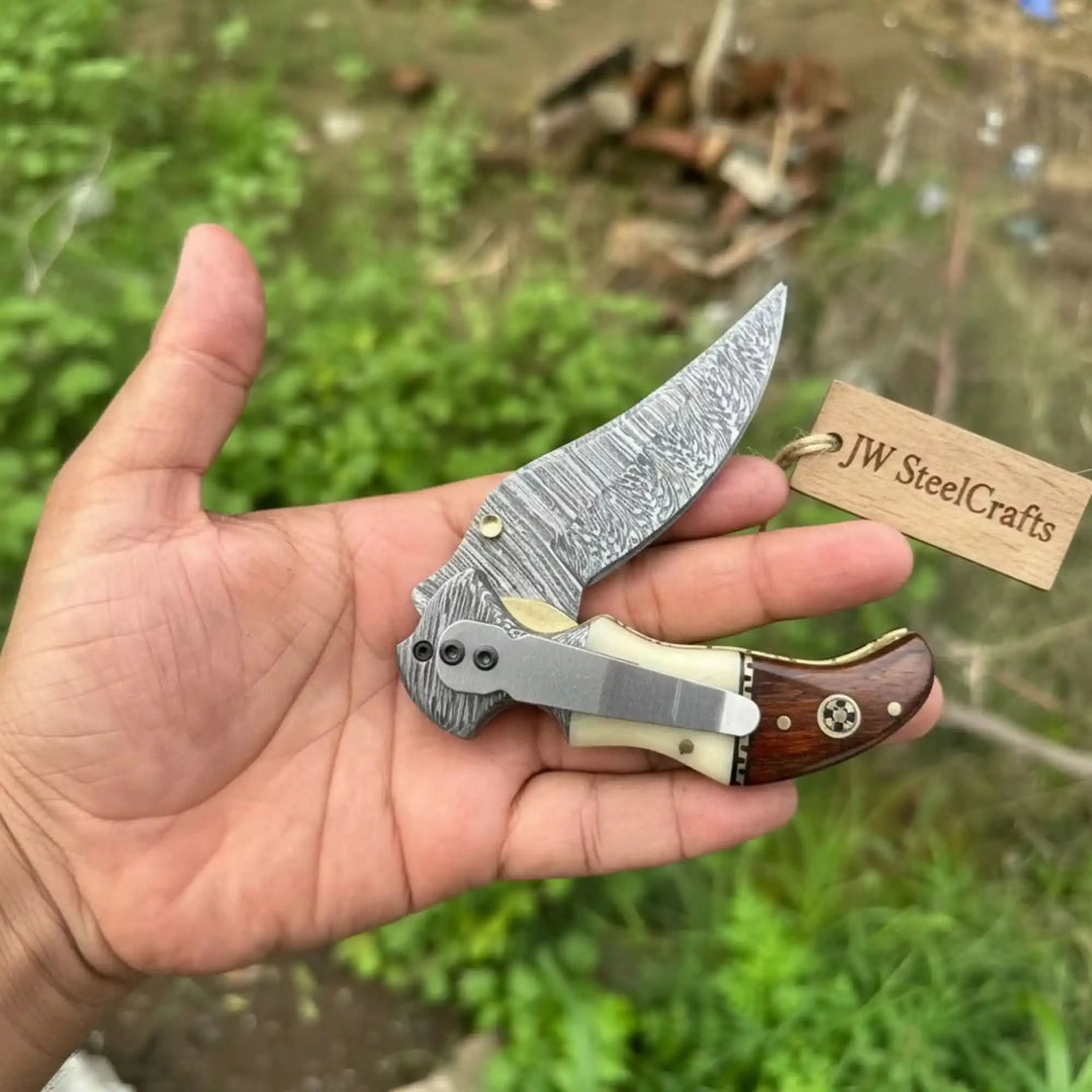 2-Piece Damascus Hawkbill Folding Pocket Knives — Liner Lock, Rosewood Black &amp; Cream Resin Handles, Brass Bolsters