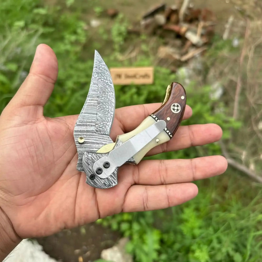 Damascus Hawkbill Folding Pruning Knife — Liner Lock, Rosewood &amp; Bone Handle, Mosaic Pin
