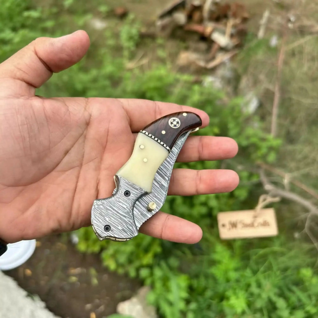 Damascus Hawkbill Folding Pruning Knife — Liner Lock, Rosewood &amp; Bone Handle, Mosaic Pin