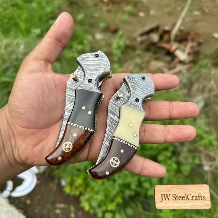 2-Piece Damascus Hawkbill Folding Pocket Knives — Liner Lock, Rosewood Black &amp; Cream Resin Handles, Brass Bolsters