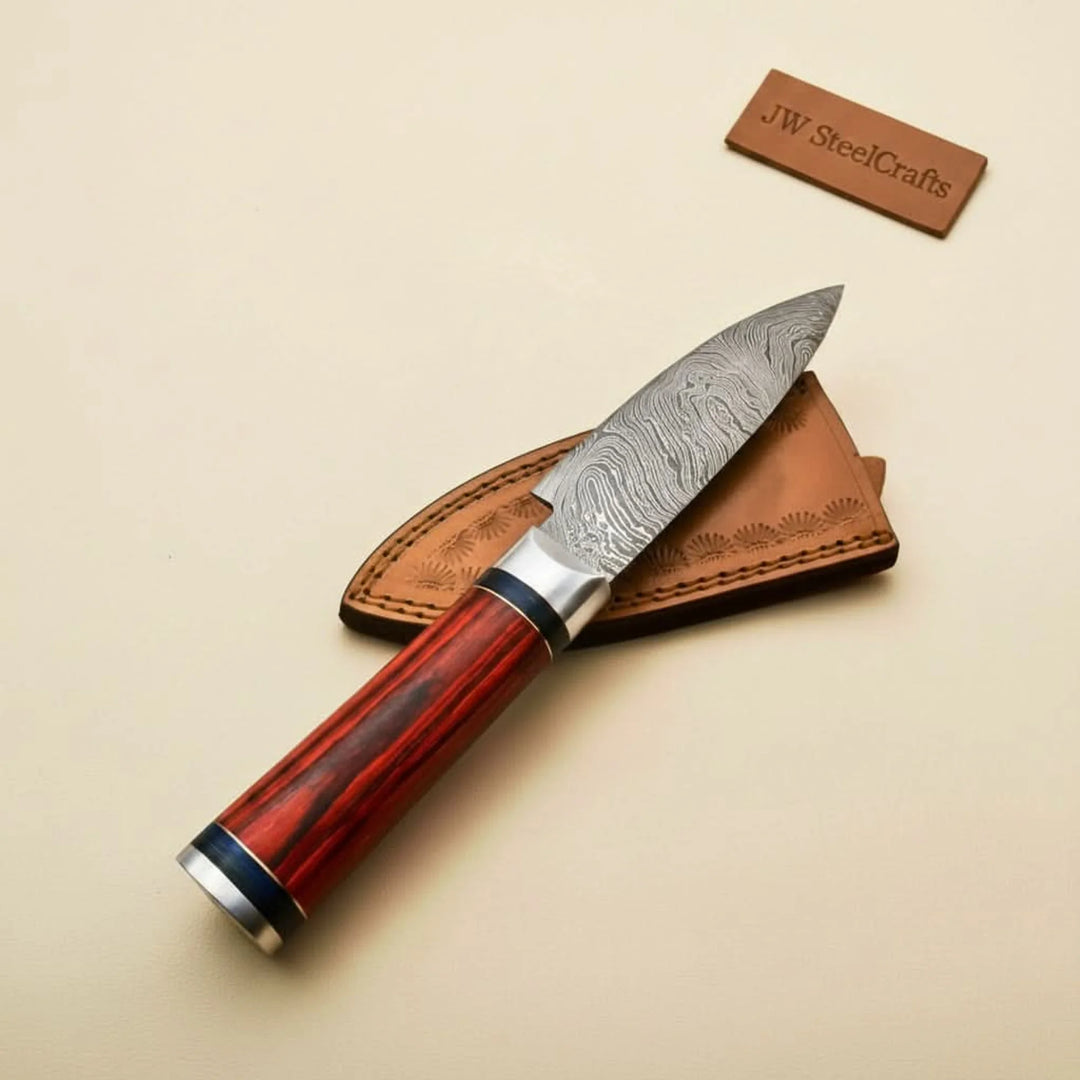 Handmade Damascus Petty Knife – 4-Inch Blade | Red Pakkawood Handle &amp; Steel Bolster | 8" Overall