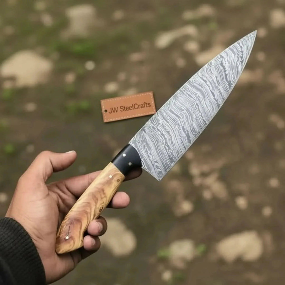 13-Inch Fire Pattern Damascus Chef Knife — Olive Wood Handle, Brass Pins &amp; Dark Bolster | JW Steel Crafts