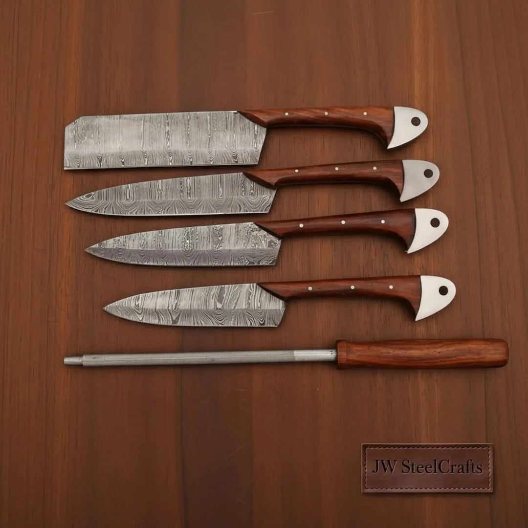 Hand-Forged Damascus Chef Knife Set with Leather Roll &amp; Sharpening Rod - Rosewood Handle Collection