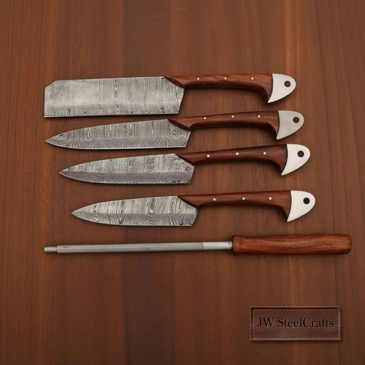 Hand-Forged Damascus Chef Knife Set with Leather Roll &amp; Sharpening Rod - Rosewood Handle Collection
