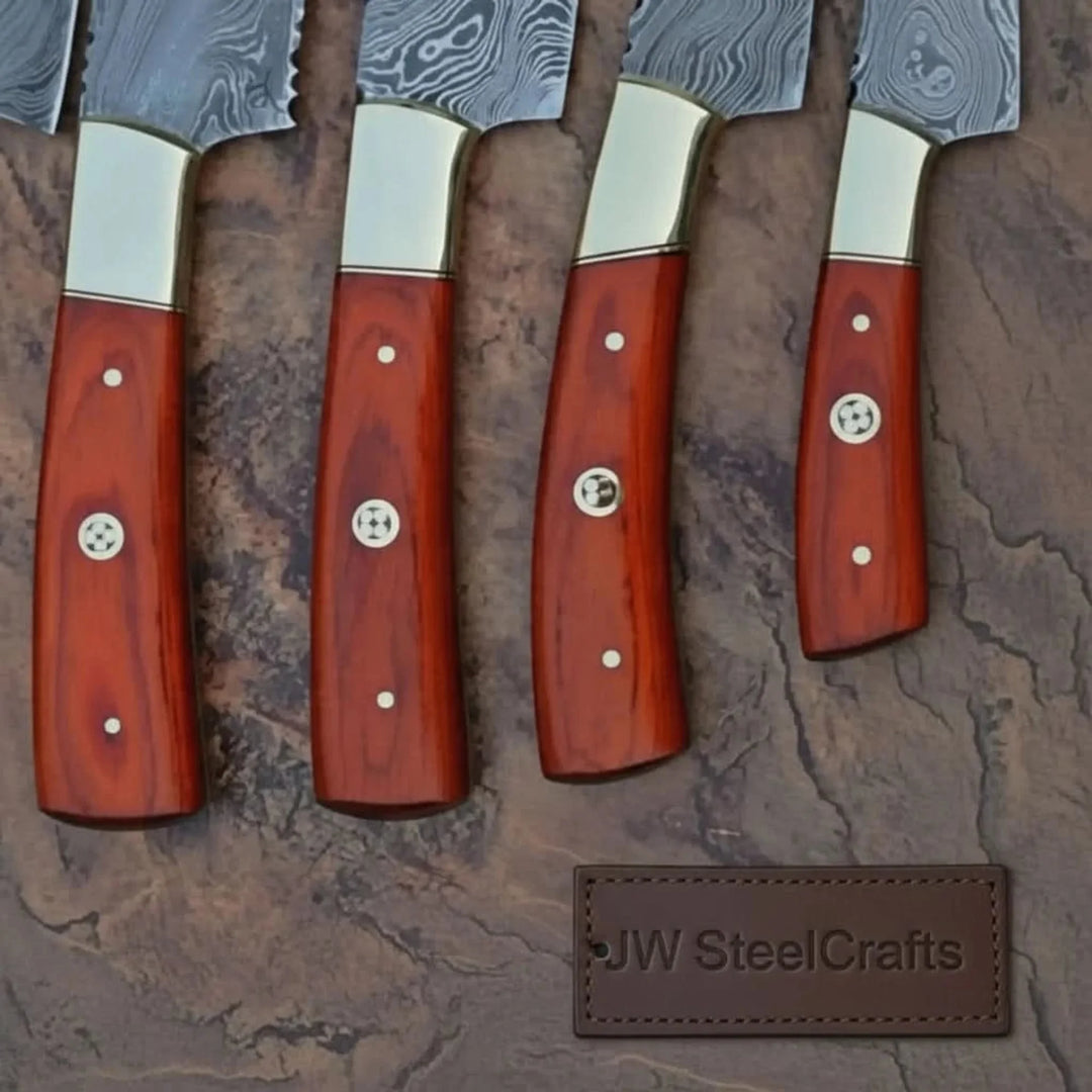 5 Piece Damascus Kitchen Knife Set with Rosewood Handles, Cleaver Bread Chef Utility and Paring Knives, Handmade Professional Cooking Set