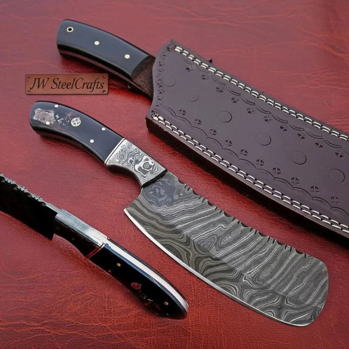 10-Inch Forged Damascus Nakiri Chopper — Ladder Pattern Blade, Engraved Damascus Bolster, Black Resin Handle &amp; Tooled Leather Sheath
