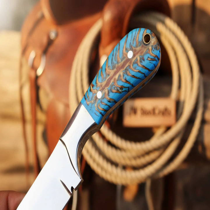 Handmade Azure Peak Skinner Knife with turquoise vein resin handle