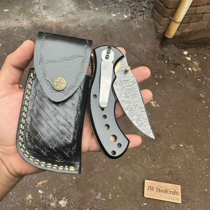 Damascus Steel Folding Pocket Knife — Recurve Clip Point Blade, Black Resin Handle, Pocket Clip &amp; Cowhide Leather Sheath