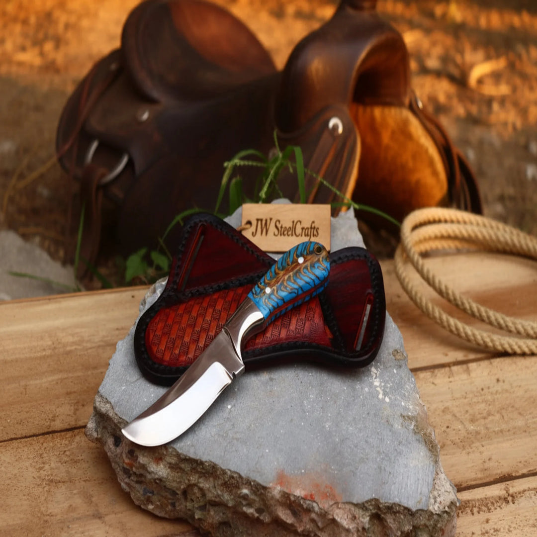 Handmade Azure Peak Skinner Knife with turquoise vein resin handle