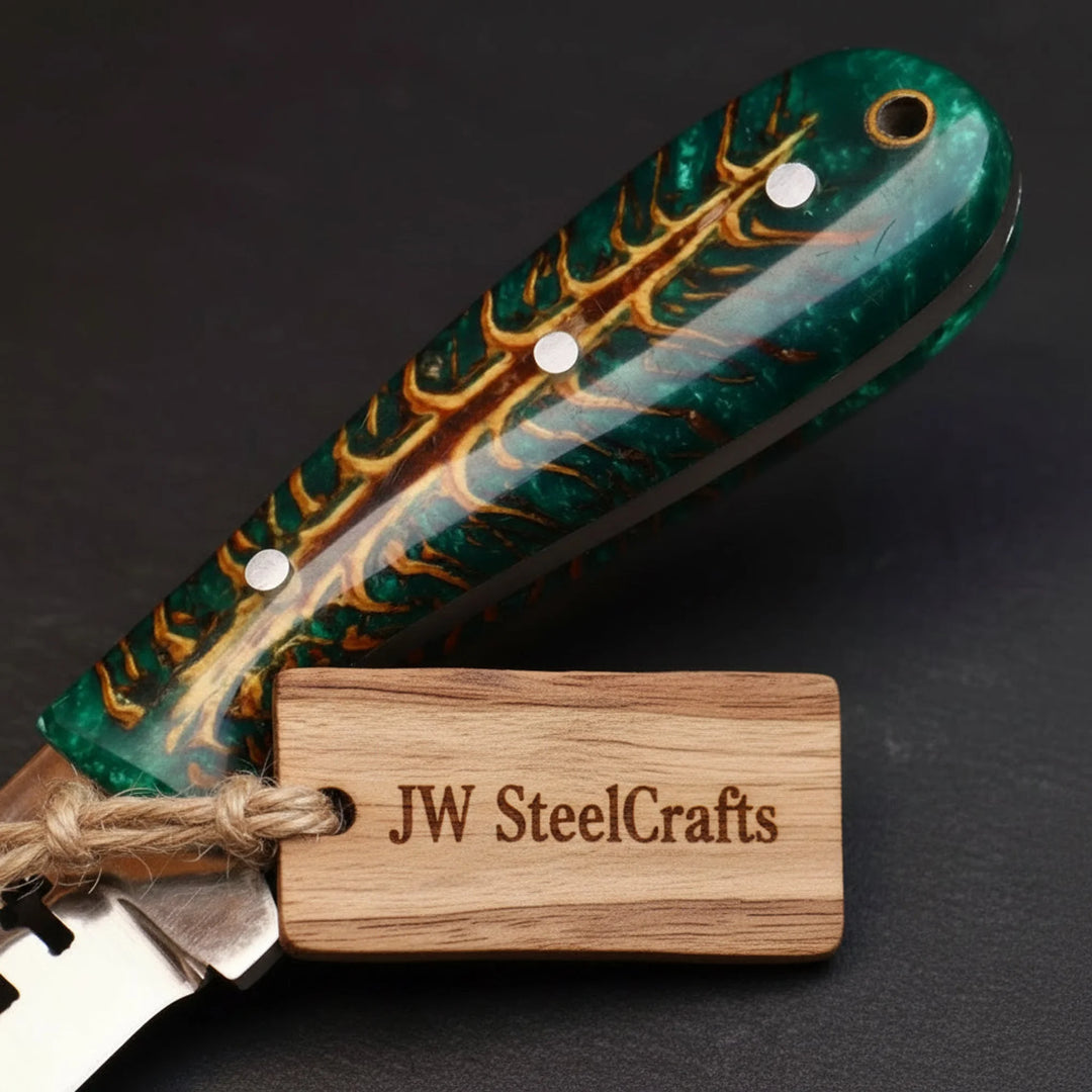 Emerald Ridge Skinner Knife 7" Handmade Green Resin Damascus Blade