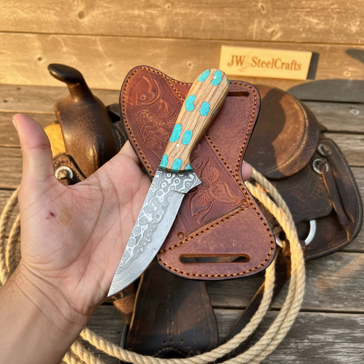 Turquoise Trail Bowie Knife 10" Handmade Damascus Turquoise Inlay - JW Steelcrafts