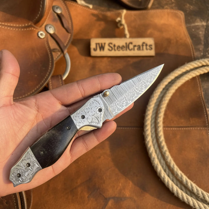 Blackwaist Damascus Folder Knife 7" Handmade Micarta Handle Liner Lock