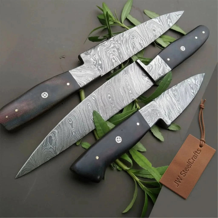 3-Piece Twisted Damascus Knife Set with Black Micarta Handles