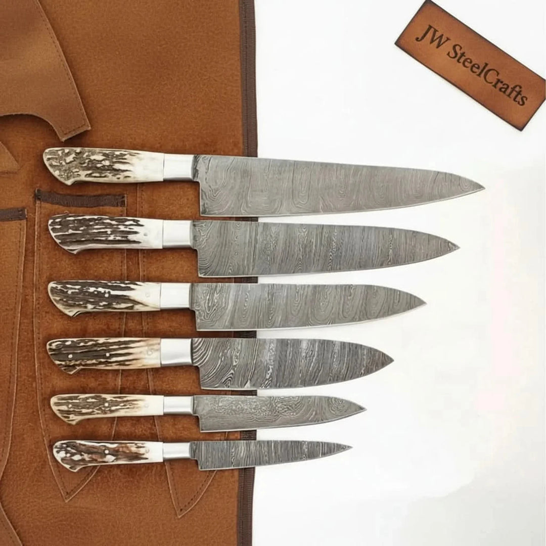 7-Piece Damascus Kitchen Knife Set — Synthetic Stag Horn Handles, Brass Bolsters &amp; Full Tang Forged Blades