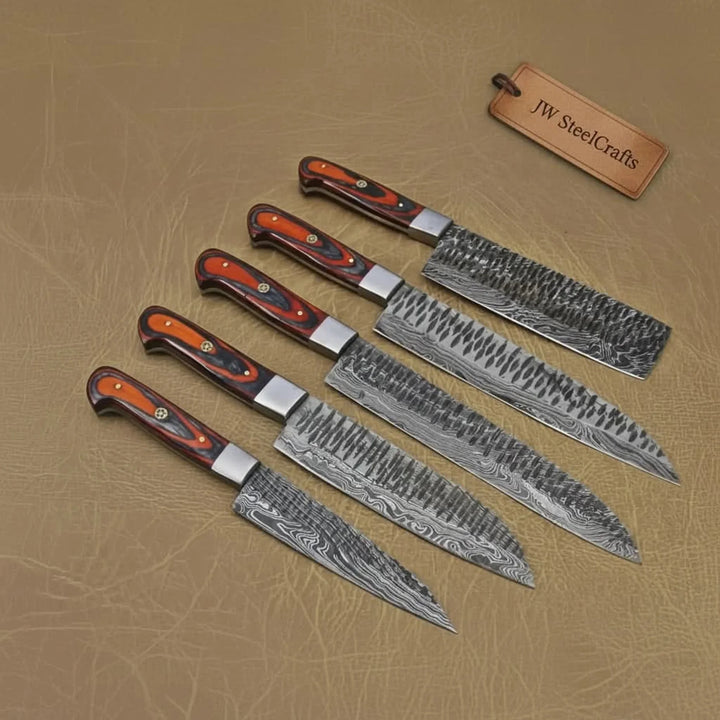5-Piece Damascus Knife Set Orange Black Pakka Wood Handles with Hammered Tsuchime Blades