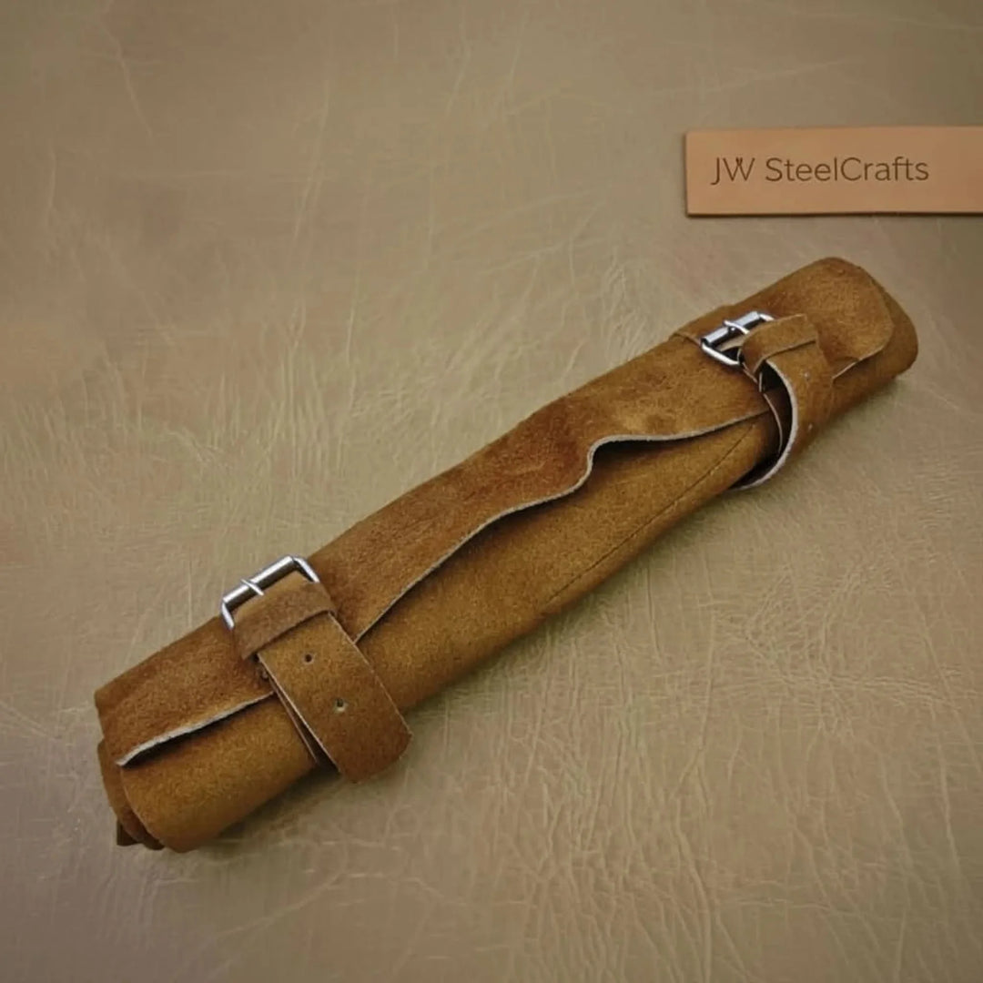 5-Piece Damascus Knife Set Orange Black Pakka Wood Handles with Hammered Tsuchime Blades