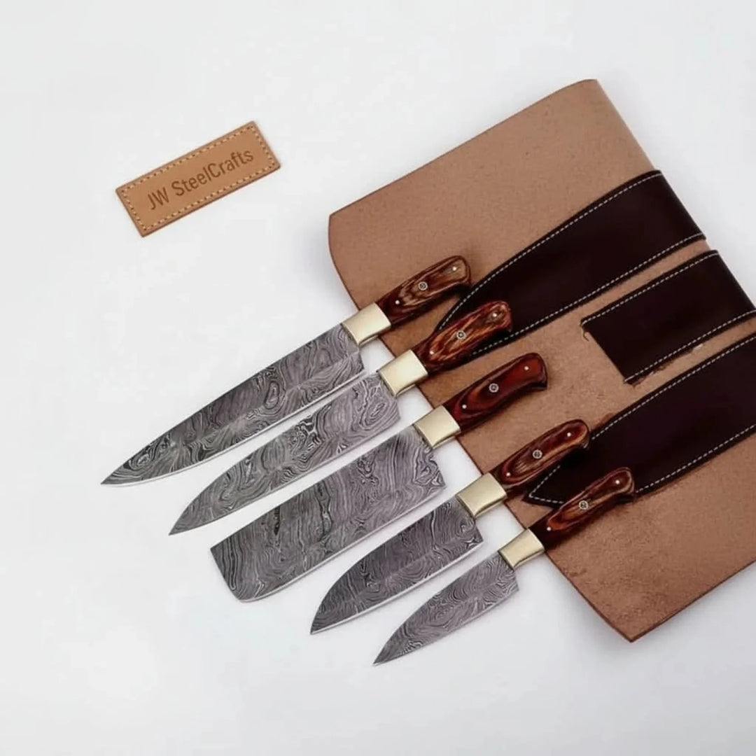 5-Piece Forged Damascus Culinary Knife Set with Pakka Wood Handles and Wood Grain Blades