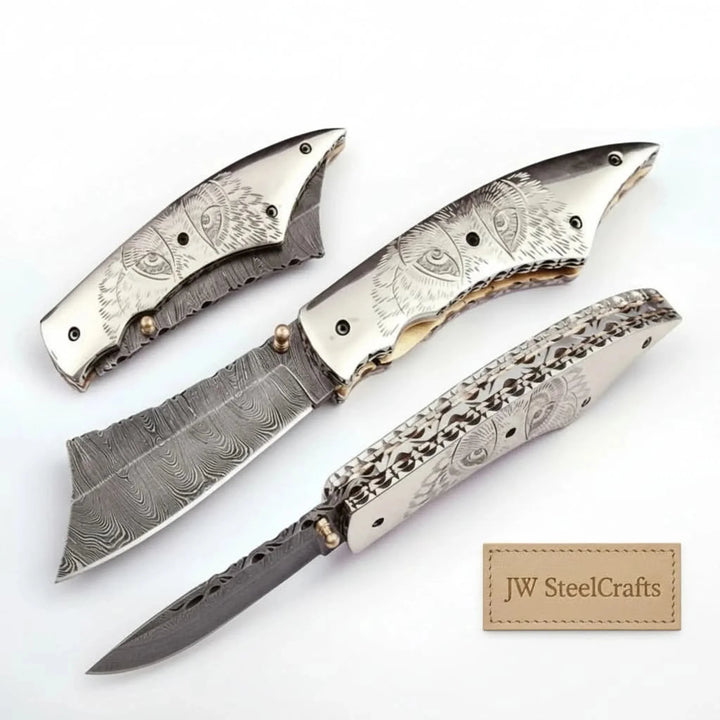 Hand Engraved Damascus Folding Knife with Skull Design &amp; Brass Liners – Collector Pocket Knife