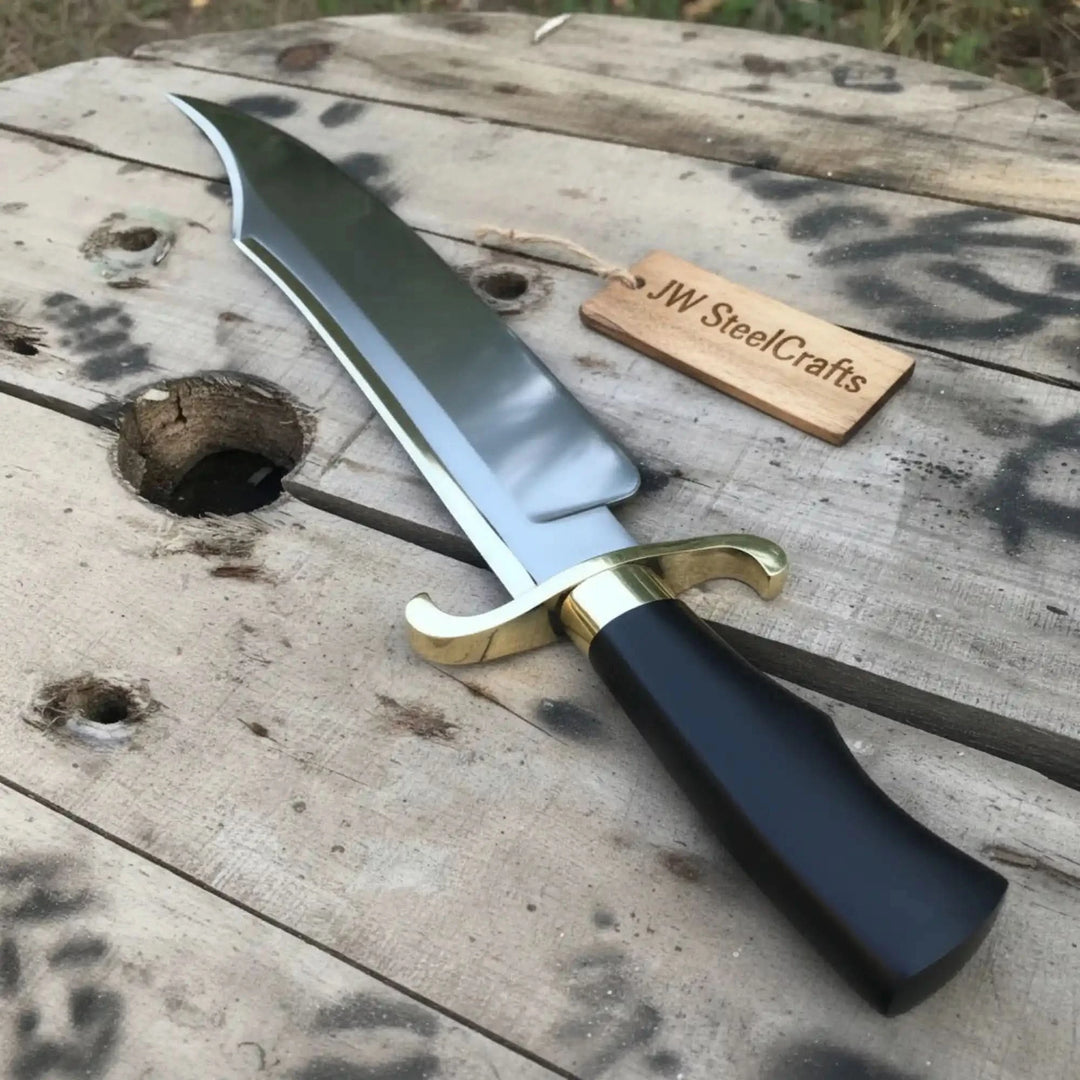 Carbon Steel 10-Inch Clip Point Bowie Knife — Black Handle, Brass S-Guard &amp; Mirror Polished Blade