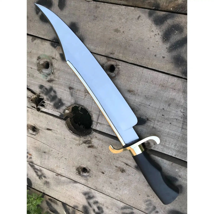 Carbon Steel 10-Inch Clip Point Bowie Knife — Black Handle, Brass S-Guard &amp; Mirror Polished Blade