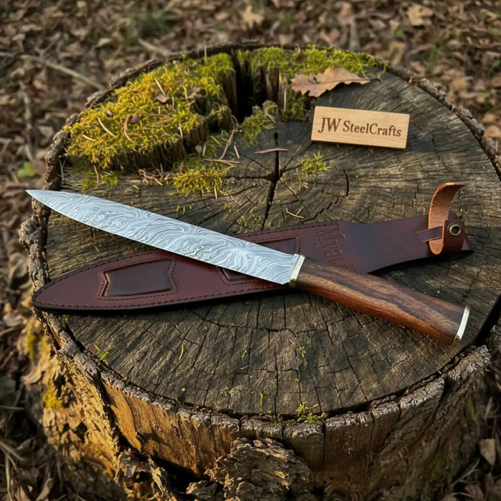 15-Inch Damascus Seax Knife — 10-Inch Wave Pattern Blade, Rosewood Handle, Brass Bolster, Brass Pommel &amp; Leather Sheath