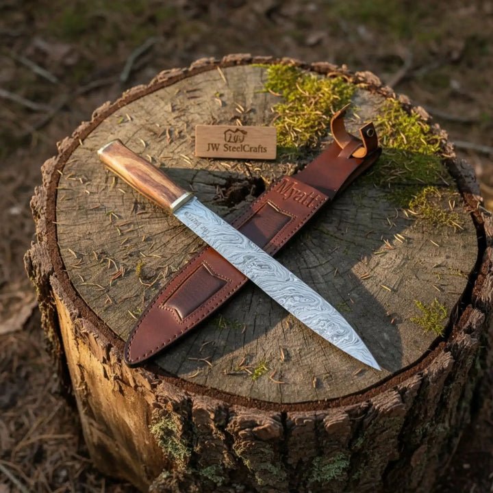 15-Inch Damascus Seax Knife — 10-Inch Wave Pattern Blade, Rosewood Handle, Brass Bolster, Brass Pommel &amp; Leather Sheath