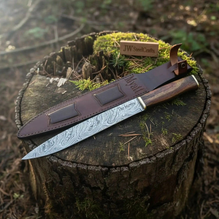 15-Inch Damascus Seax Knife — 10-Inch Wave Pattern Blade, Rosewood Handle, Brass Bolster, Brass Pommel &amp; Leather Sheath