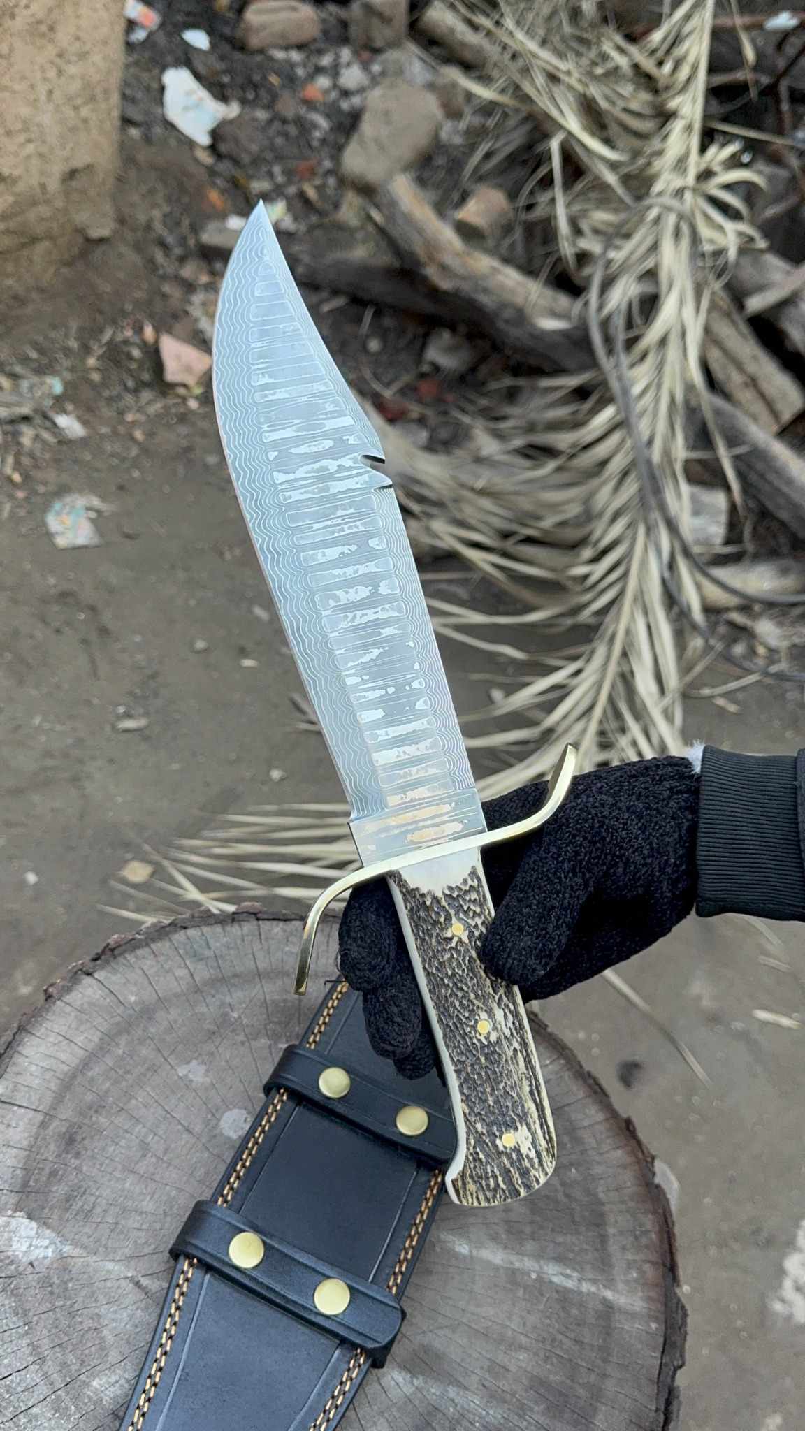 Custom Stainless Damascus Bowie Knife – Handmade Engraved Hunting Blade | Personalized Gift for Him, Outdoor Survival & Collectible Knife