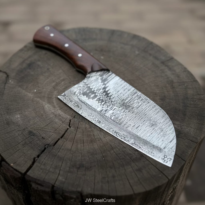 10-Inch Damascus Camp Cleaver — 5.5 Inch Blade, Tali Wood Handle, Silver Pins &amp; Black Spacer