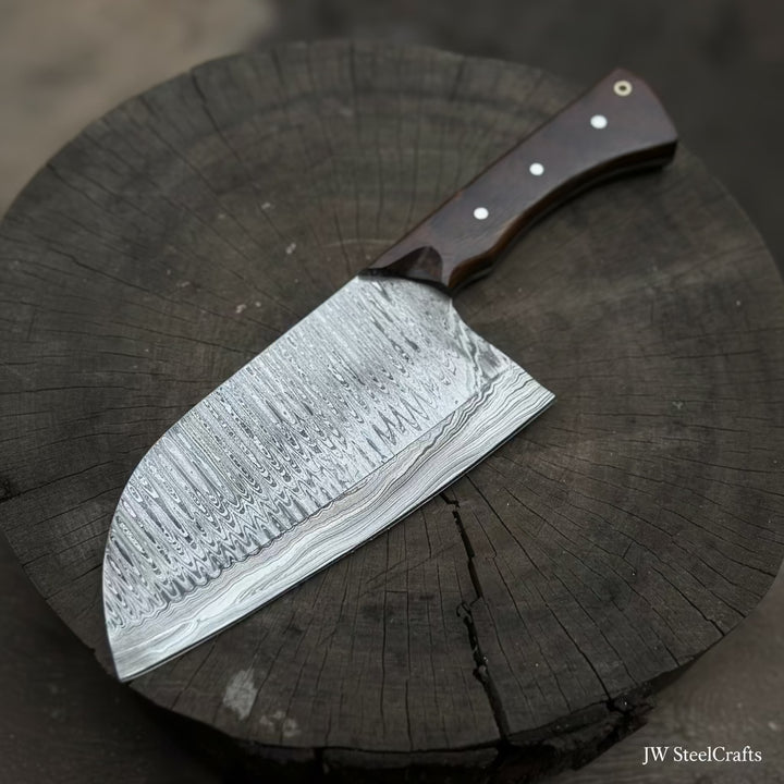 10-Inch Damascus Camp Cleaver — 5.5 Inch Blade, Tali Wood Handle, Silver Pins &amp; Black Spacer