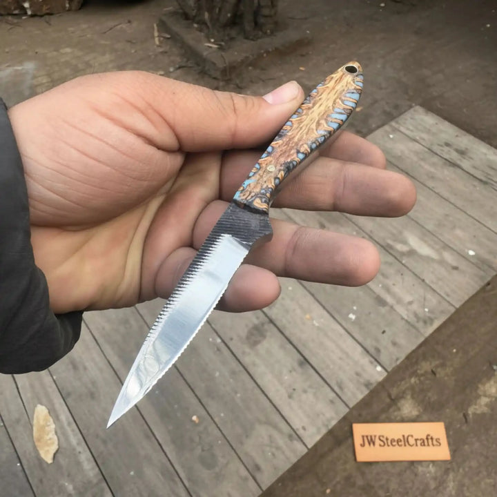 7-Inch Rasp Steel Dagger — Double-Edged Blade, Pinecone Blue Resin Handle, Steel Guard &amp; Brass Lanyard Hole