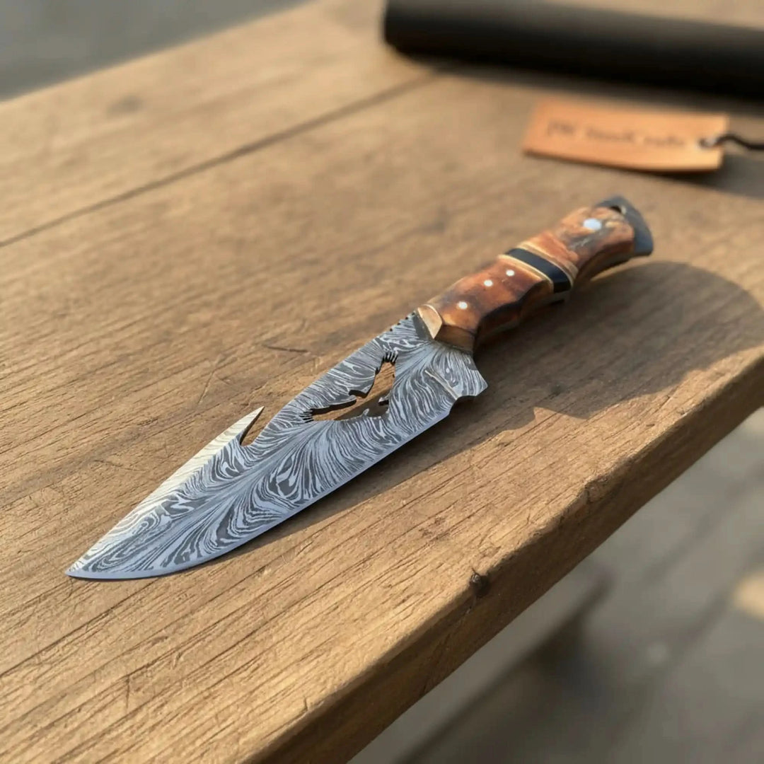 Handmade Feather Damascus Hunting Knife with Burned Camel Bone Handle &amp;amp; Eagle Engraving