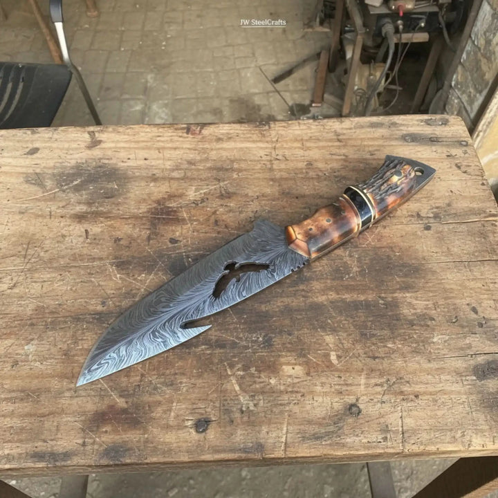Handmade Feather Damascus Hunting Knife with Burned Camel Bone Handle &amp;amp; Eagle Engraving