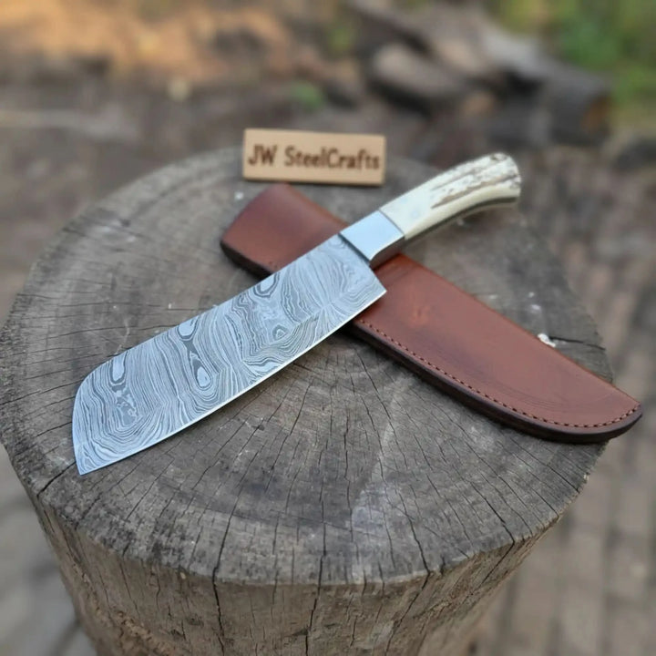 Handmade Damascus Cimeter Butcher Knife with Synthetic Stag Handle