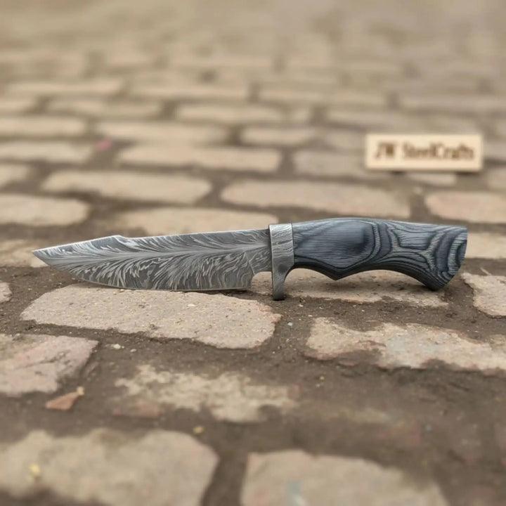Bobcat Style Drop Point Hunting Knife Feather Damascus Blade Gray Pakka Wood Handle EDC Fixed Blade