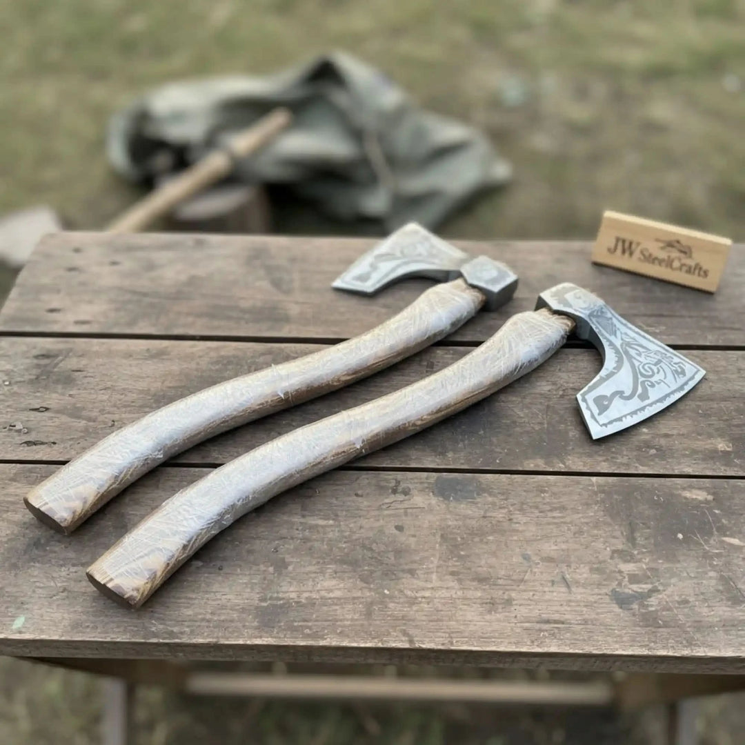 Norse Bearded Axe Pair — Viking Style Handmade Wood Cutting Tools, Damascus Heads, 6-8 Inch Edge &amp; 18-20 Inch Ash Wood Handles