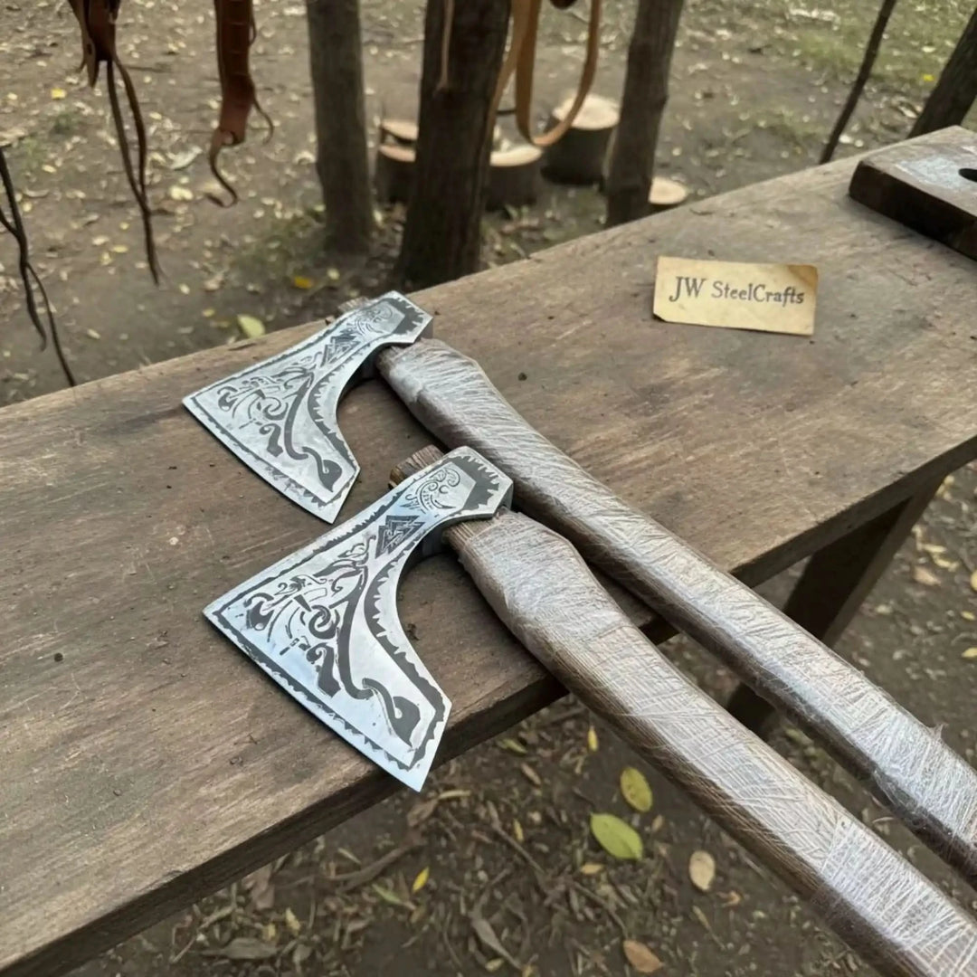 Norse Bearded Axe Pair — Viking Style Handmade Wood Cutting Tools, Damascus Heads, 6-8 Inch Edge &amp; 18-20 Inch Ash Wood Handles