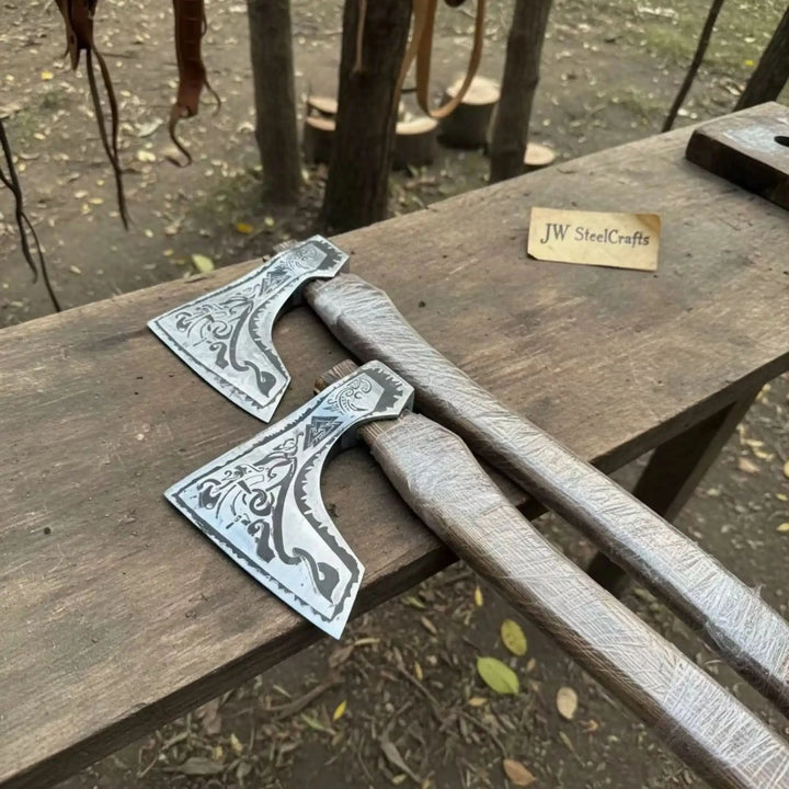 Norse Bearded Axe Pair — Viking Style Handmade Wood Cutting Tools, Damascus Heads, 6-8 Inch Edge &amp; 18-20 Inch Ash Wood Handles